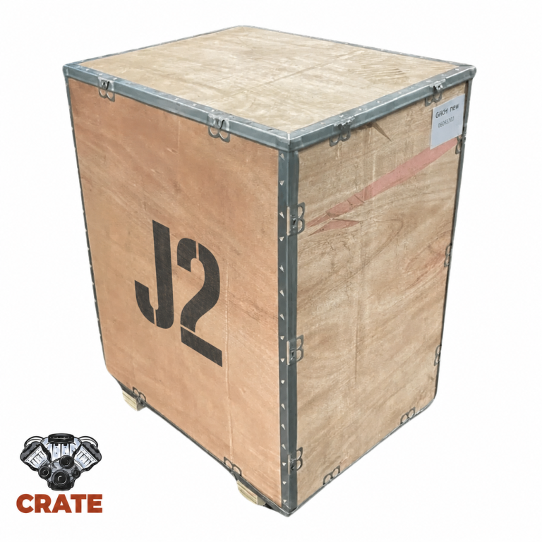 Wooden delivery crate labelled J2 for the Kia diesel replacement engine