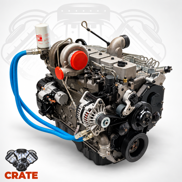 Cummins 6BT complete excavator engine, front three-quarter view showing turbocharger, alternator and drive pulleys.