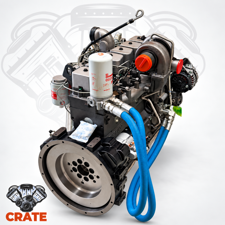 Cummins 6BT complete excavator engine, rear view showing flywheel, turbocharger and blue hoses.